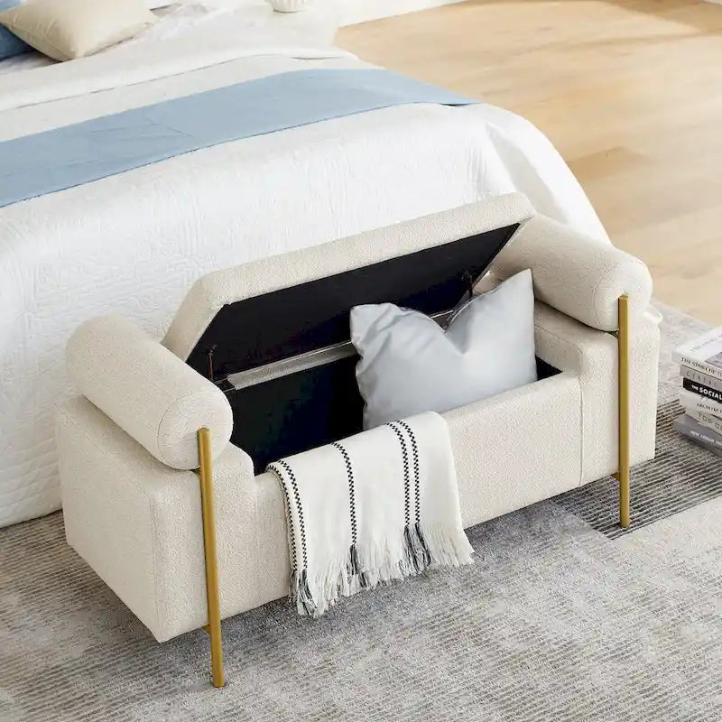 Storage Bench with Cylindrical Arms and Iron Legs, Beige
