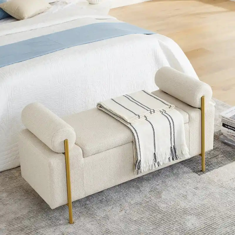Storage Bench with Cylindrical Arms and Iron Legs, Beige