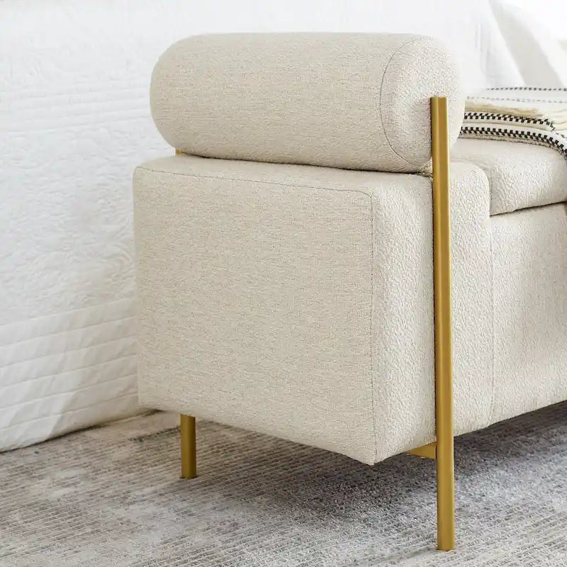 Storage Bench with Cylindrical Arms and Iron Legs, Beige