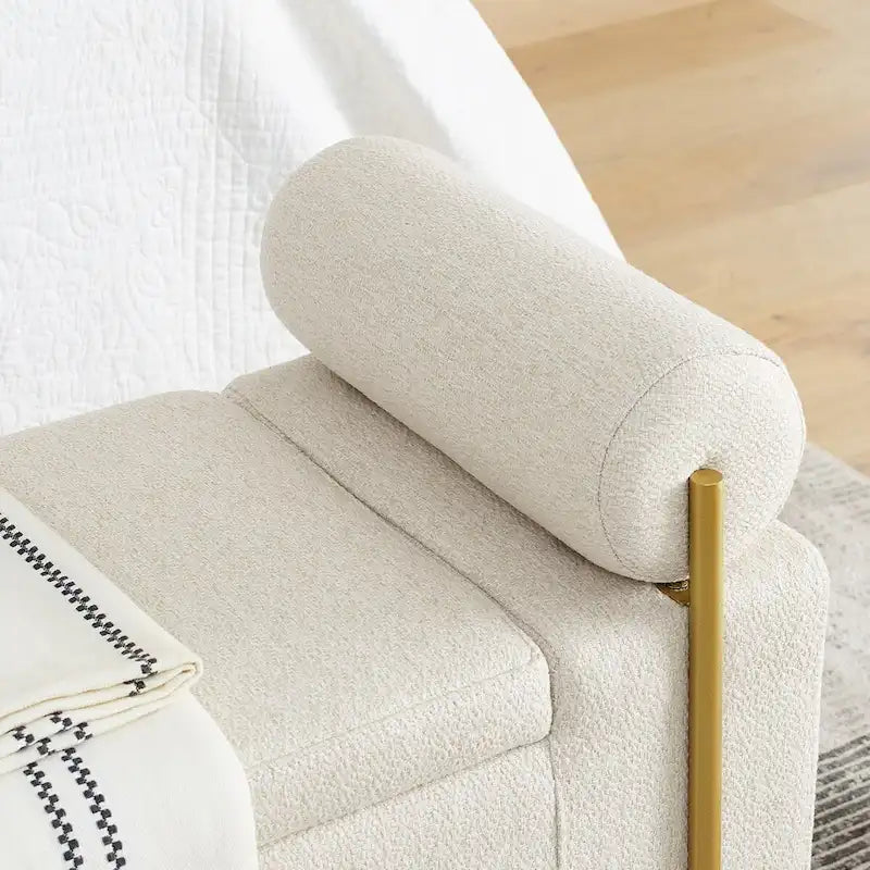 Storage Bench with Cylindrical Arms and Iron Legs, Beige