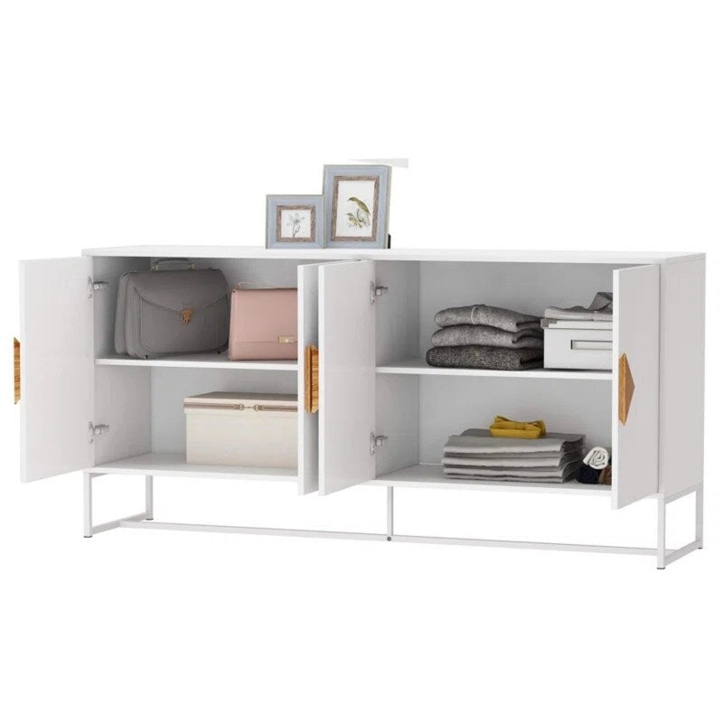 White Sideboard with 4 Doors - Storage Cabinet for Kitchen & Living Room