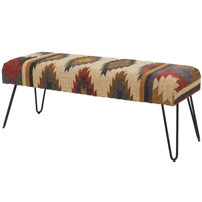 Metal Floral Diamond Tribal Bench with Metal Hairpin Legs