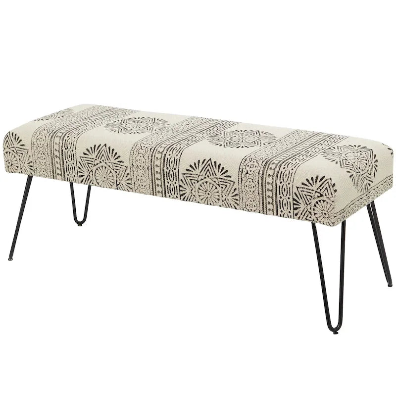 Metal Floral Diamond Tribal Bench with Metal Hairpin Legs