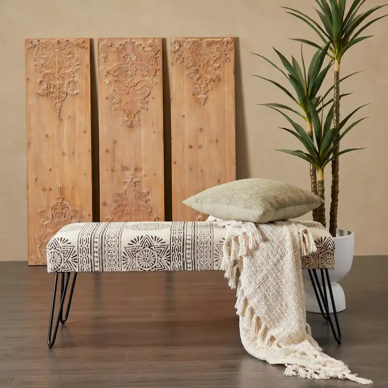 Metal Floral Diamond Tribal Bench with Metal Hairpin Legs