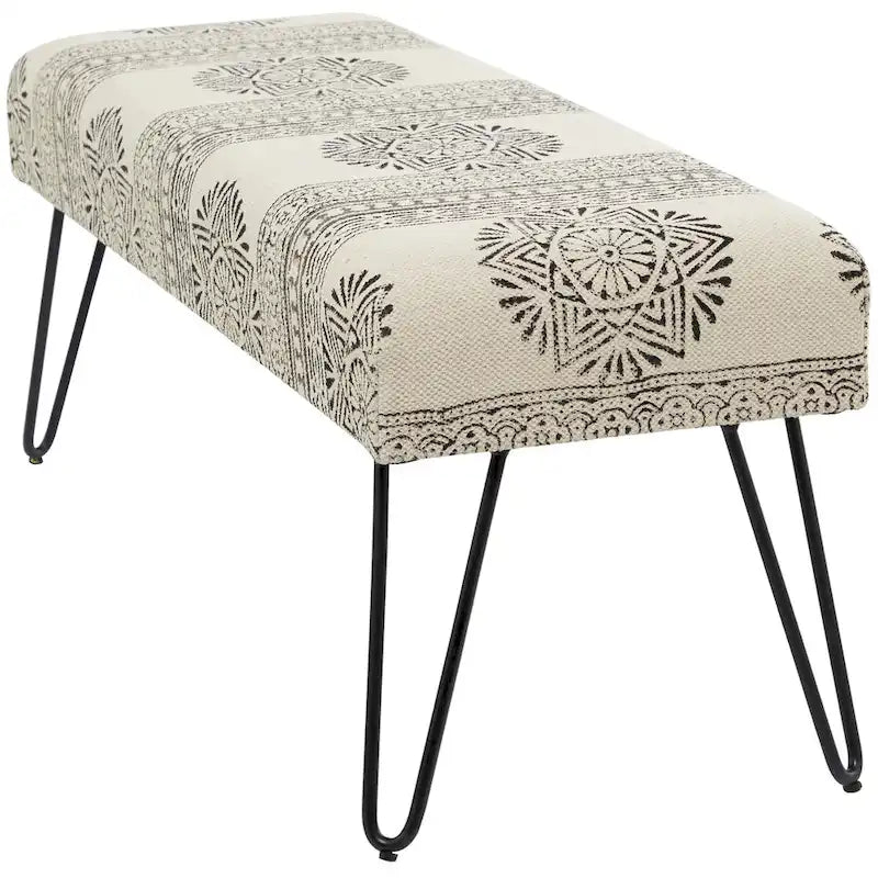 Metal Floral Diamond Tribal Bench with Metal Hairpin Legs