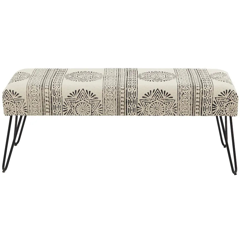 Metal Floral Diamond Tribal Bench with Metal Hairpin Legs