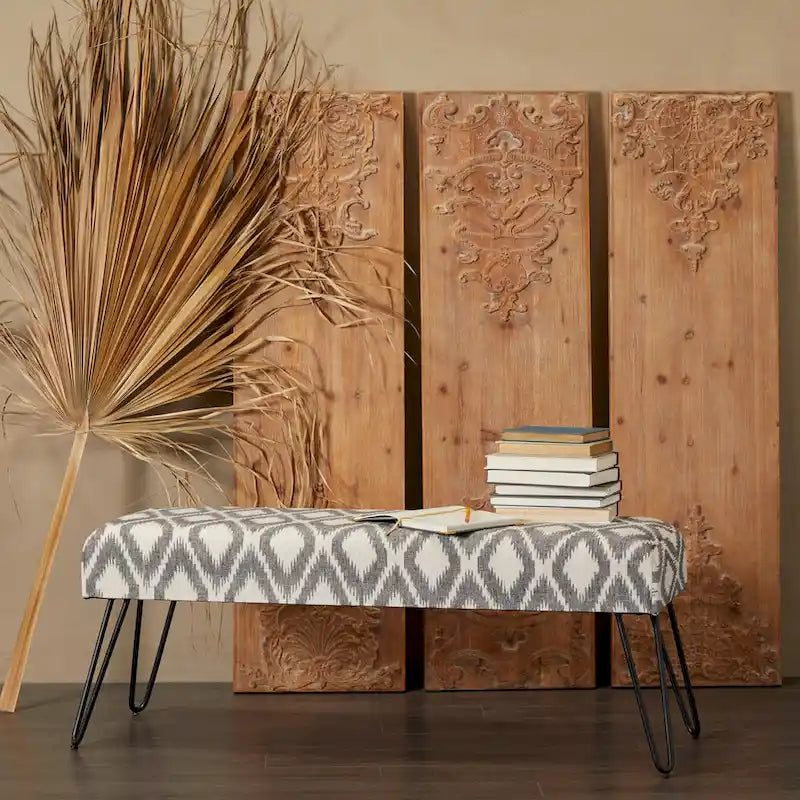 Metal Floral Diamond Tribal Bench with Metal Hairpin Legs