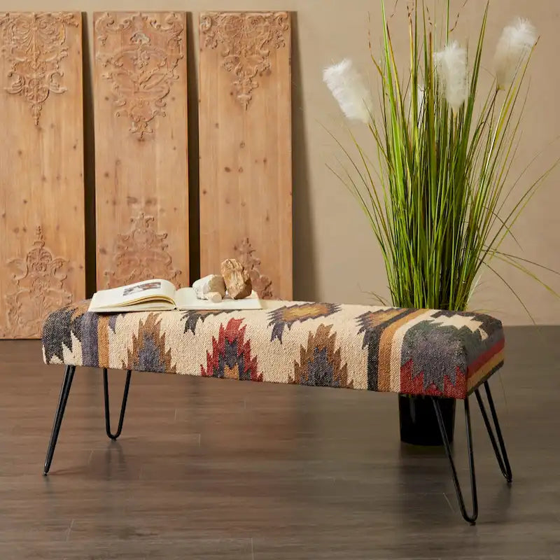 Metal Floral Diamond Tribal Bench with Metal Hairpin Legs