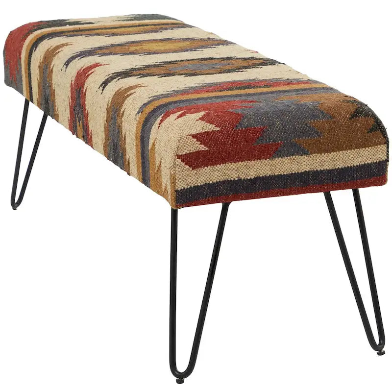 Metal Floral Diamond Tribal Bench with Metal Hairpin Legs