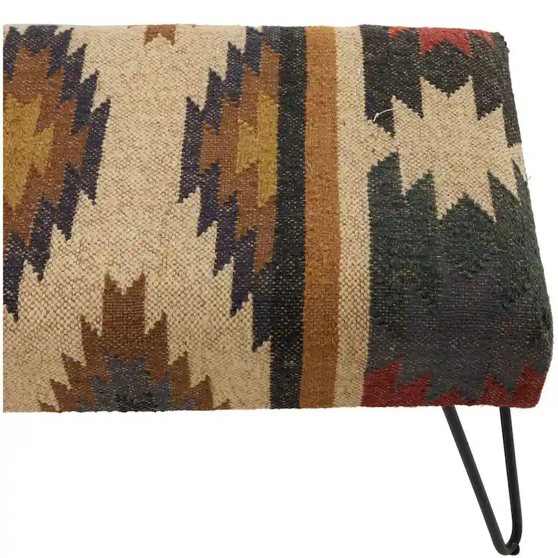 Metal Floral Diamond Tribal Bench with Metal Hairpin Legs