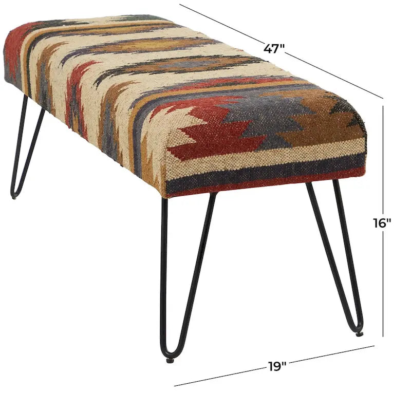 Metal Floral Diamond Tribal Bench with Metal Hairpin Legs