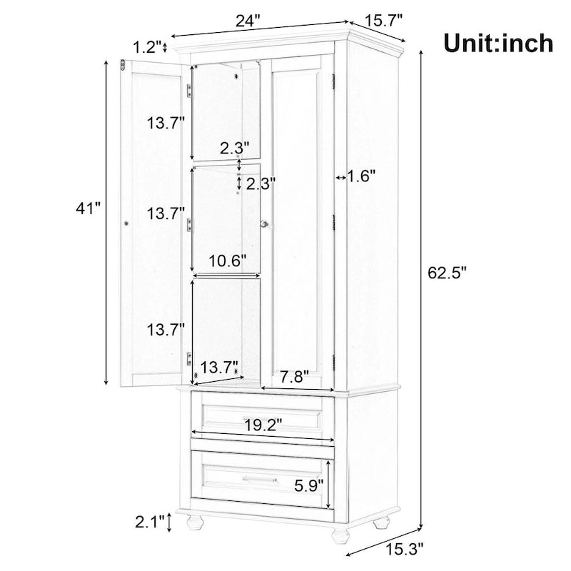 Tall Storage Cabinet with Two Drawers for Bathroom and Office