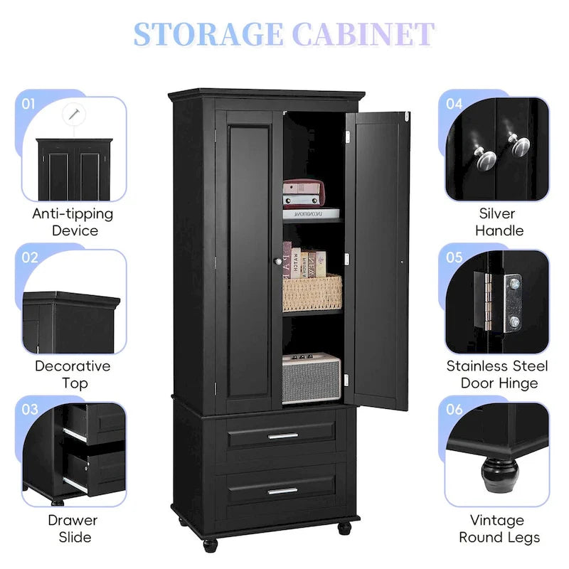 Tall Storage Cabinet with Two Drawers for Bathroom and Office