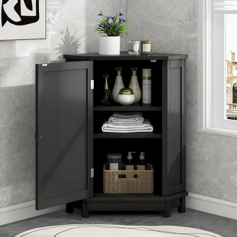 Black Bathroom Cabinet Triangle Corner Storage Cabinet with Adjustable Shelf