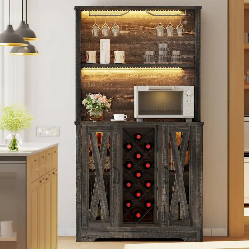 Bar Cabinet with LED Lights, Wine Rack & Sideboard Buffet Storage Cabinet for Dining Room