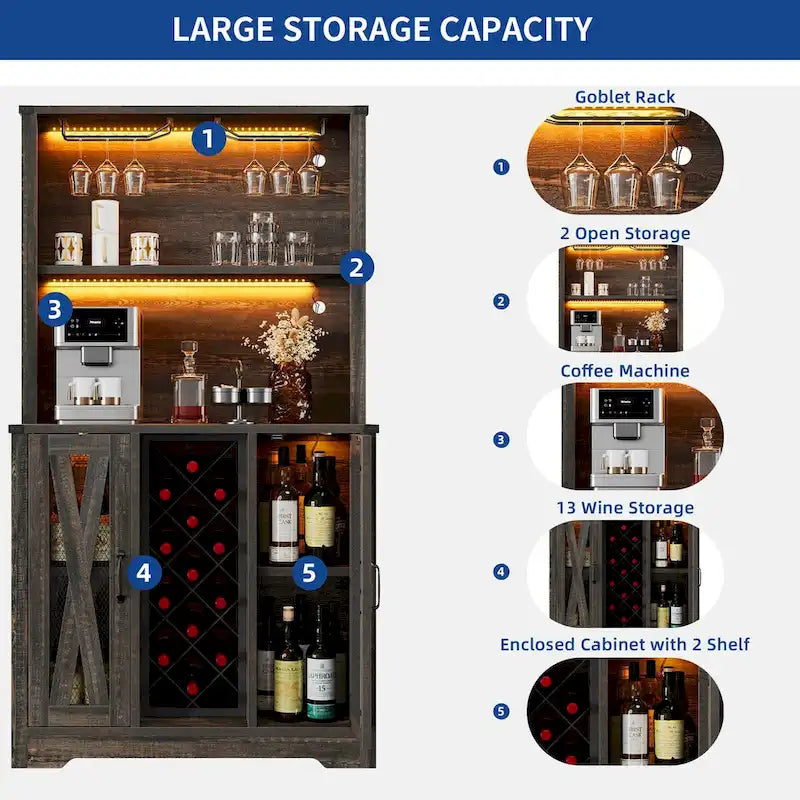 Bar Cabinet with LED Lights, Wine Rack & Sideboard Buffet Storage Cabinet for Dining Room