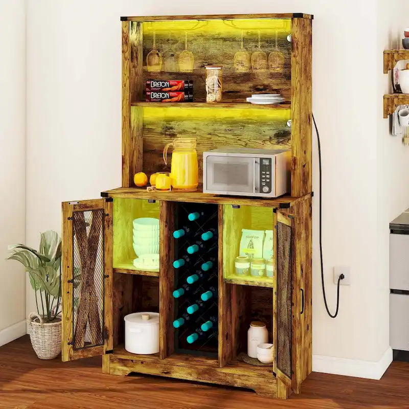 Bar Cabinet with LED Lights, Wine Rack & Sideboard Buffet Storage Cabinet for Dining Room