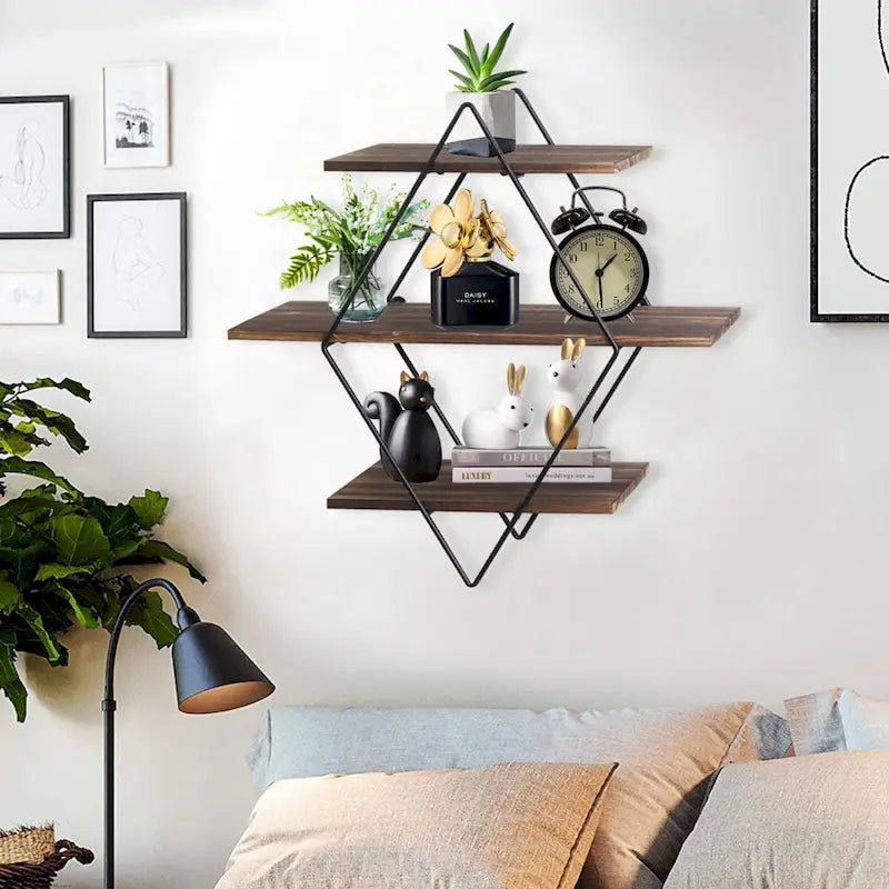 3-Tier Metal Wall Shelf in Geometric Diamond