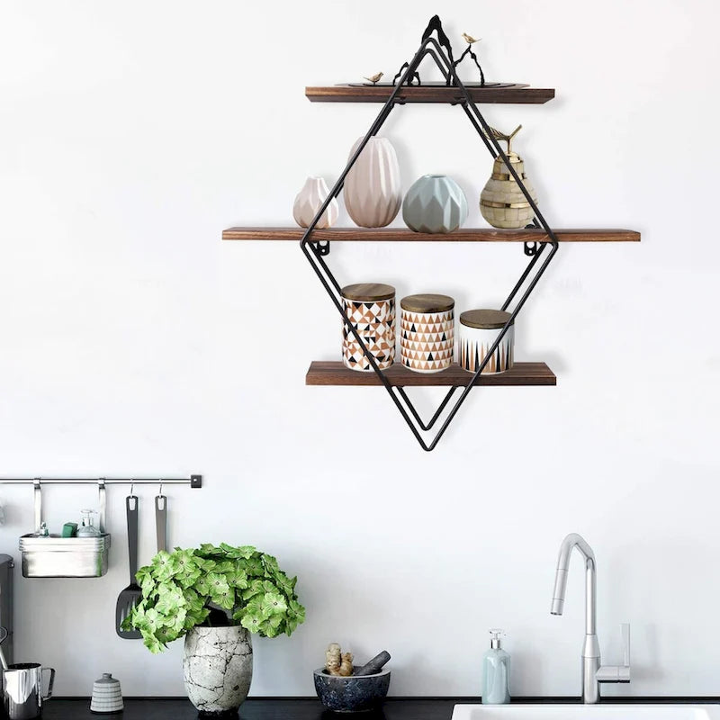 3-Tier Metal Wall Shelf in Geometric Diamond